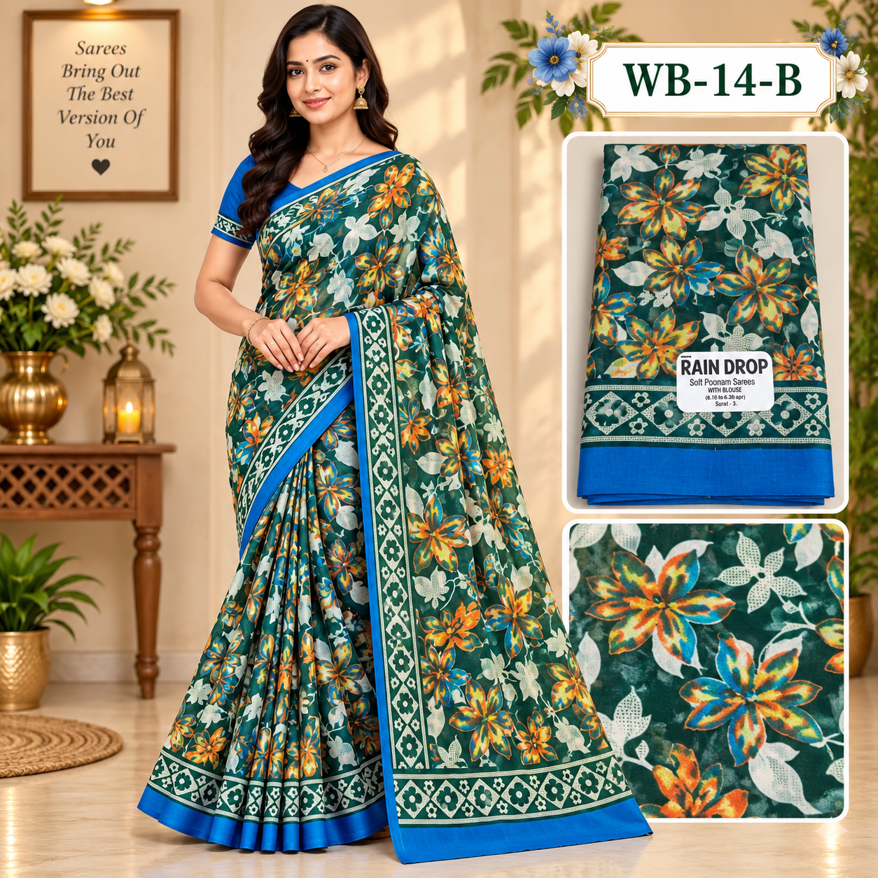 POONAM SAREES (with blouse )-RAIN DROP
