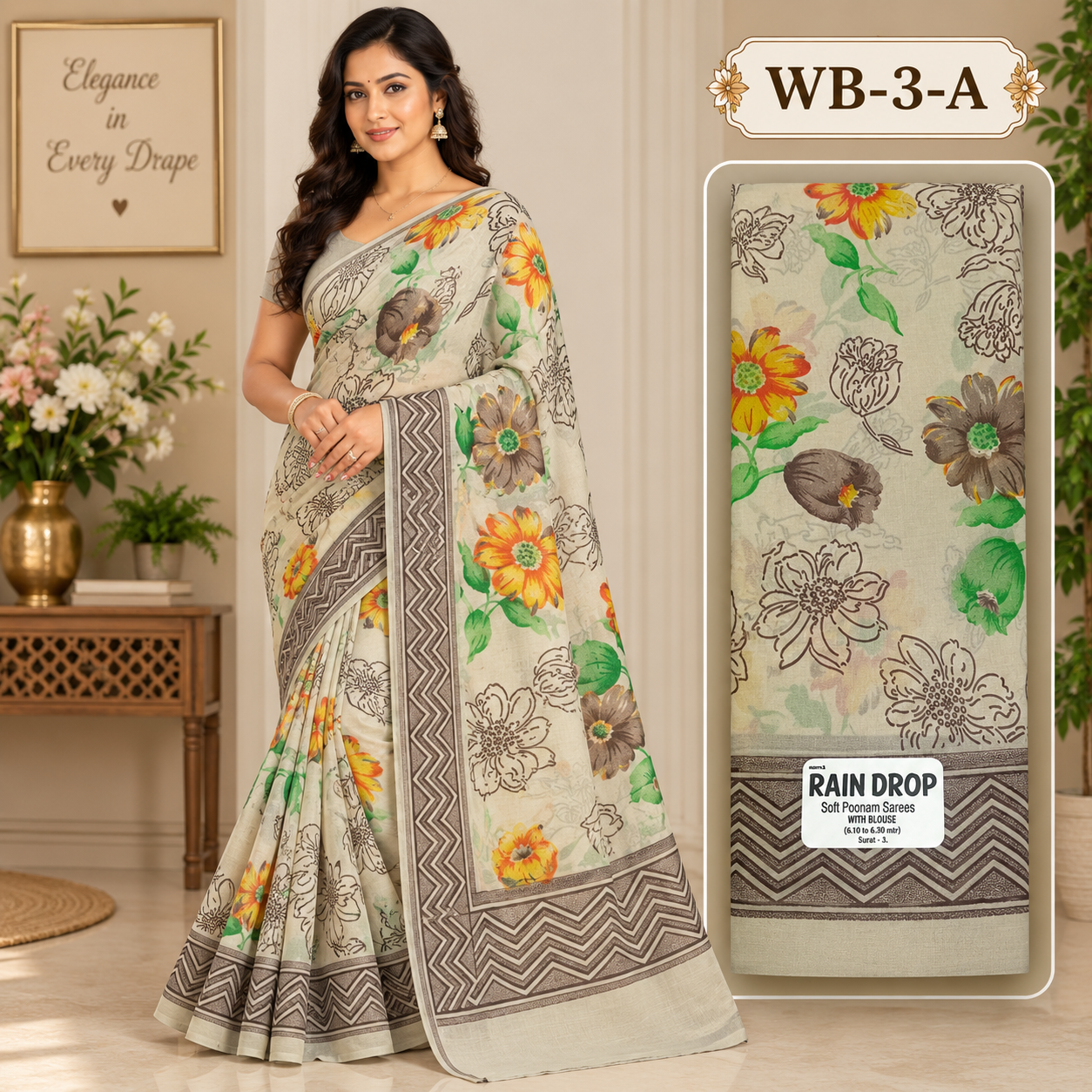 POONAM SAREES (with blouse )-RAIN DROP