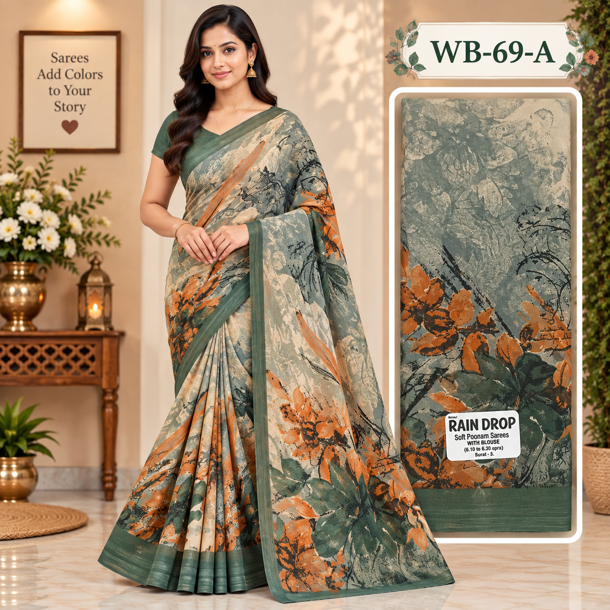 POONAM SAREES (with blouse )-RAIN DROP
