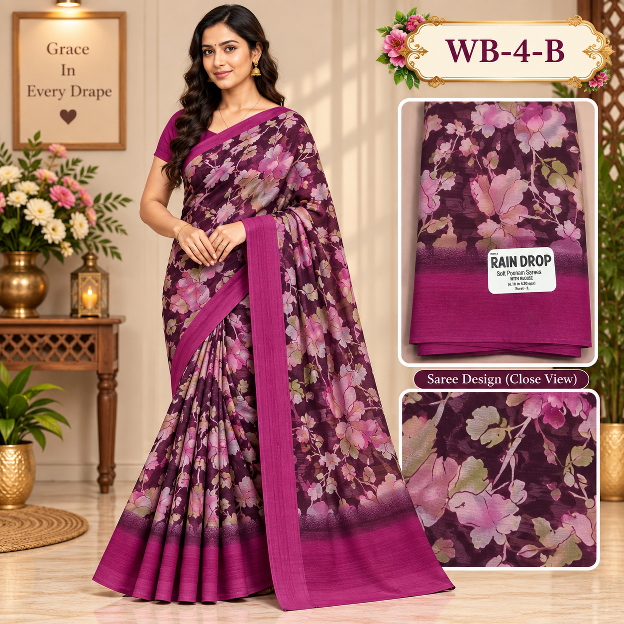 POONAM SAREES (with blouse )-RAIN DROP